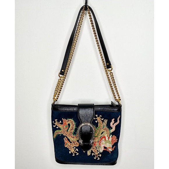 Auth Gucci Suede Dragon Embroidered Bucket Bag - Picture 3 of 16